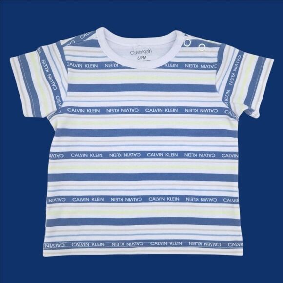 Calvin Klein Baby Blue White Striped Short Sleeve Cotton Tee Shirt 6-9 Months - Picture 1 of 7